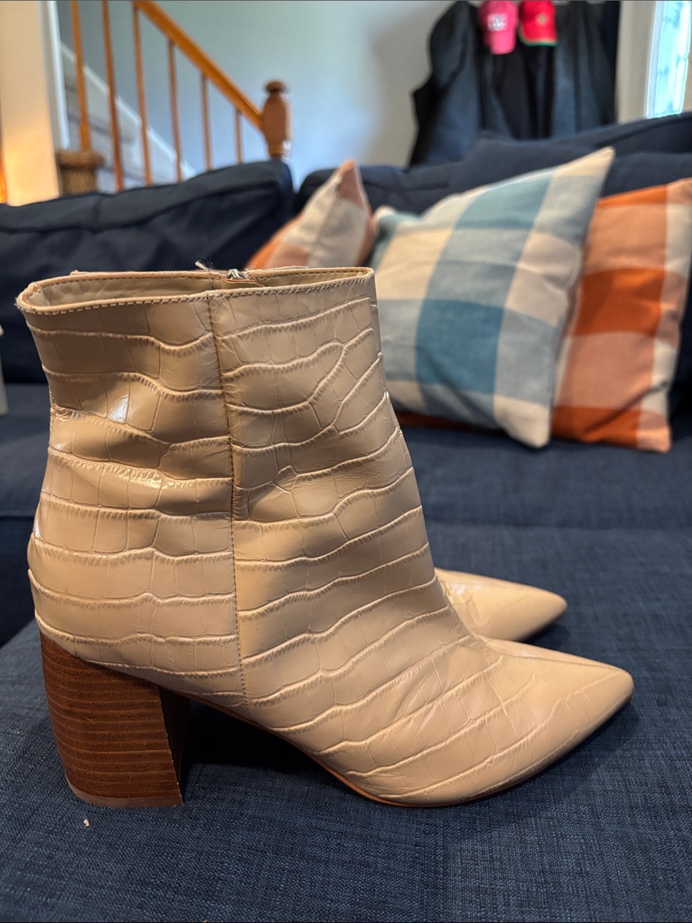 Marc Fisher Cream Croc-Embossed Pointed Toe Ankle Booties